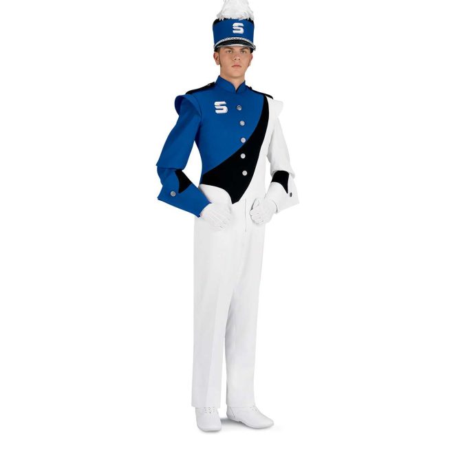 Custom royal, black and white marching band uniform. Front view with matching shako, white gloves and pants, one royal and black gauntlet, and one white and black gauntlet