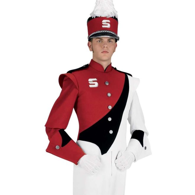 Custom red, black and white marching band uniform. Front view with matching shako, white gloves and pants, one red and black gauntlet, and one white and black gauntlet