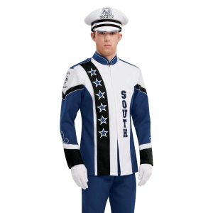 Custom yale blue and white with black detailing long sleeve marching band uniform. Shown with matching baylay parade cap, white gloves, and blue pants front view
