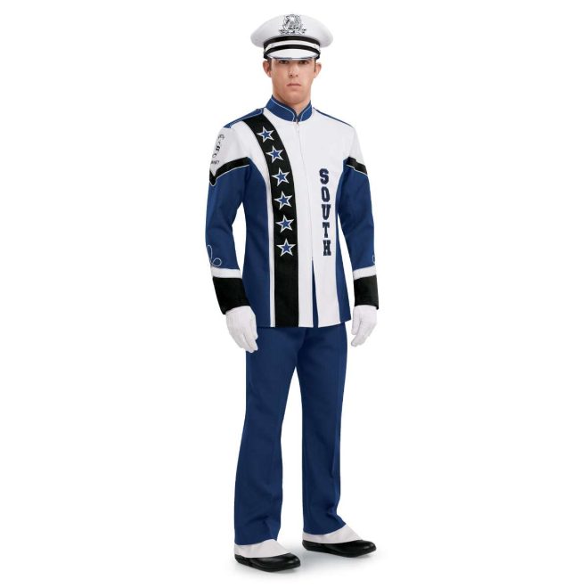 Custom yale blue and white with black detailing long sleeve marching band uniform. Shown with matching baylay parade cap, white gloves, and blue pants front view