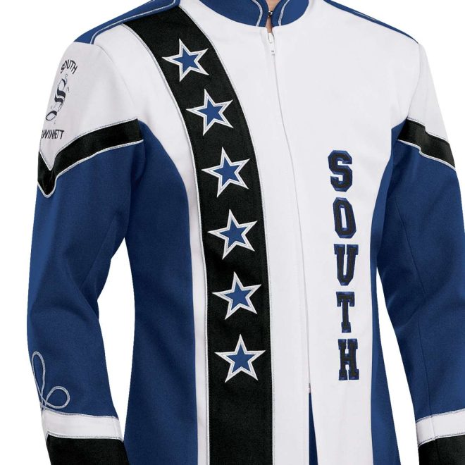 Custom yale blue and white with black detailing long sleeve marching band uniform. Shown on model front view