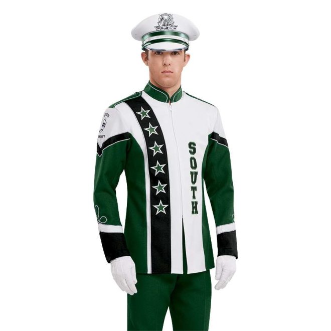 Custom forest and white with black detailing long sleeve marching band uniform. Shown with matching baylay parade cap, white gloves, and forest pants front view