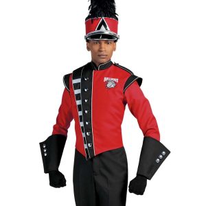 Custom red and black with silver detailing marching band uniform. Front view with matching shako, and black gloves, gauntlets, and pants