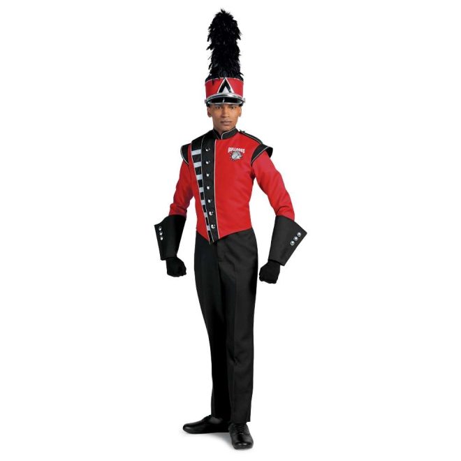 Custom red and black with silver detailing marching band uniform. Front view with matching shako, and black gloves, gauntlets, and pants