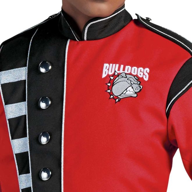 Custom red and black with silver detailing marching band uniform. Front view close up