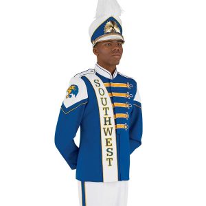 Custom royal and white with yellow detailing long sleeve marching band uniform. Front view with matching shako, and white pants
