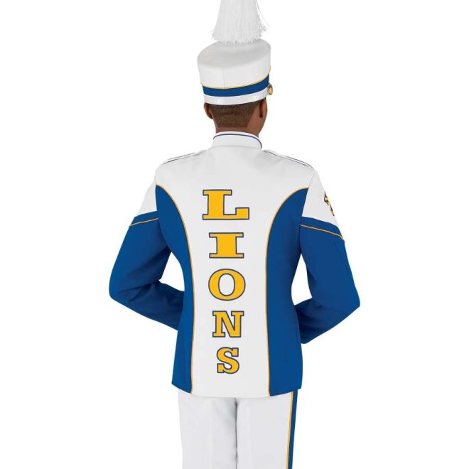 Custom royal and white with yellow detailing long sleeve marching band uniform. Back view with matching shako, and white pants