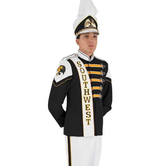 Custom black and white with yellow detailing long sleeve marching band uniform. Front view with matching shako, and white pants