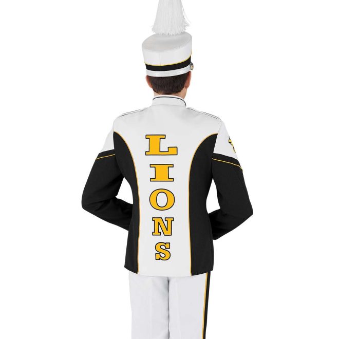 Custom black and white with yellow detailing long sleeve marching band uniform. Back view with matching shako, and white pants