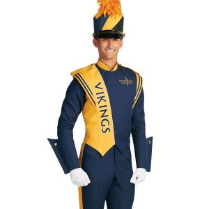 Custom navy with yellow and white detailing marching band uniform. Front view with matching navy shako, white gloves, and navy pants and gauntlets