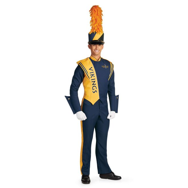 Custom navy with yellow and white detailing marching band uniform. Front view with matching navy shako, white gloves, and navy pants and gauntlets