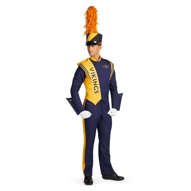 Custom navy with yellow and white detailing marching band uniform. Front view with matching navy shako, white gloves, and navy pants and gauntlets