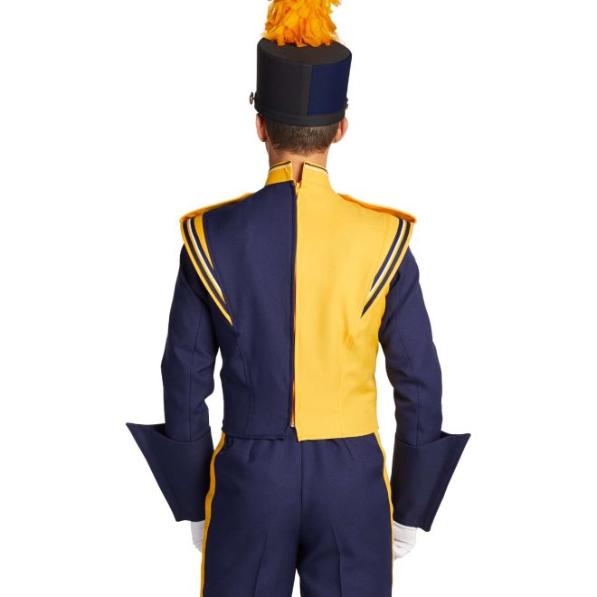 Custom navy with yellow and white detailing marching band uniform. Back view with matching navy shako, white gloves, and navy pants and gauntlets