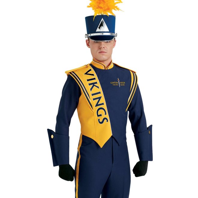 Custom navy with yellow and white detailing marching band uniform. Front view with matching navy shako, black gloves, and navy pants and gauntlets