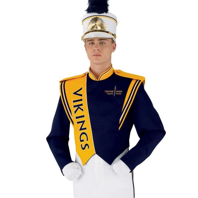 Custom navy with yellow and white detailing marching band uniform. Front view with matching white shako, white pants and gloves