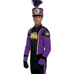 Custom purple and black with gold detailing long sleeve marching band uniform. Front view with matching shako, black pants, and black gloves