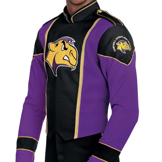 Custom purple and black with gold detailing long sleeve marching band uniform. Front view with matching shako, black pants, and black gloves