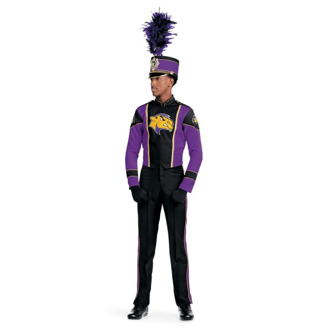 Custom purple and black with gold detailing long sleeve marching band uniform. Front view with matching shako, black pants, and black gloves