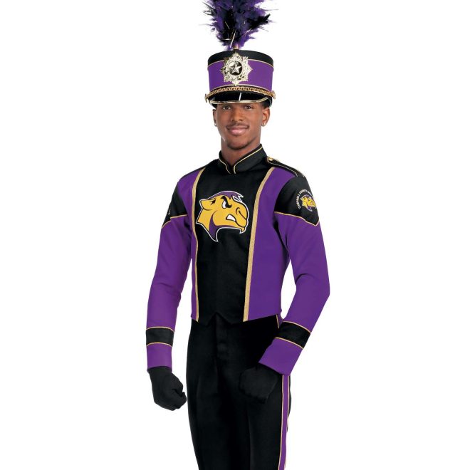 Custom purple and black with gold detailing long sleeve marching band uniform. Front view with matching shako, black pants, and black gloves