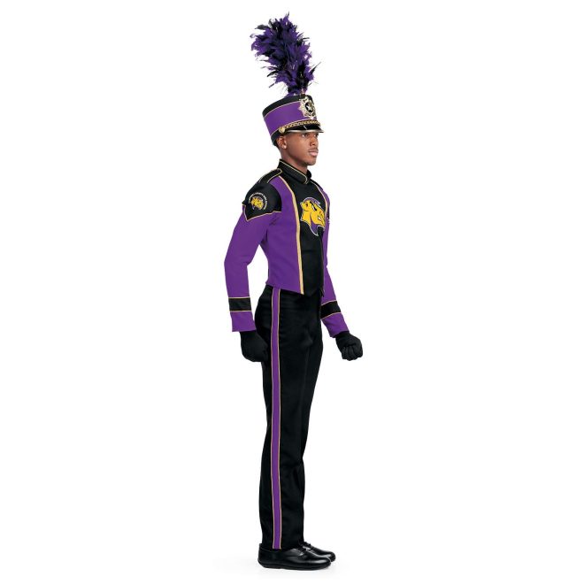 Custom purple and black with gold detailing long sleeve marching band uniform. Side view with matching shako, black pants, and black gloves