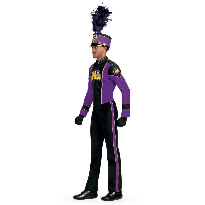 Custom purple and black with gold detailing long sleeve marching band uniform. Side view with matching shako, black pants, and black gloves