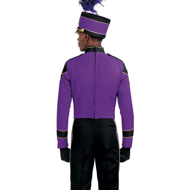 Custom purple and black with gold detailing long sleeve marching band uniform. Back view with matching shako, black pants, and black gloves