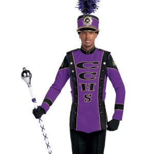 Custom purple and black with gold detailing long sleeve marching band uniform. Front view with matching shako, black pants, and black gloves holding amazing mace