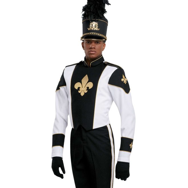 Custom black and white with gold detailing long sleeve marching band uniform. Front view with matching shako, black gloves, and black pants