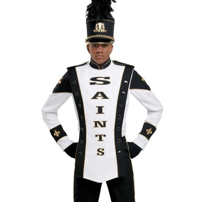 Custom black and white with gold detailing long sleeve marching band uniform. Front view with matching shako, black gloves, and black pants