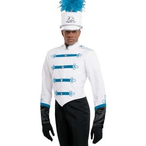 Custom white with teal detailing marching band uniform. Front view with matching shako, black pants and gloves