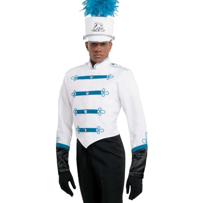 Custom white with teal detailing marching band uniform. Front view with matching shako, black pants and gloves