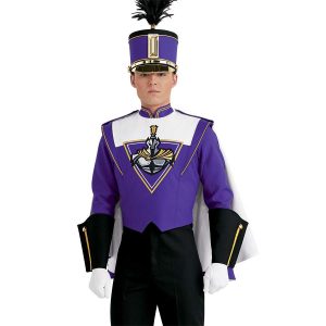 Custom purple with black and gold detailing marching band uniform. Front view with matching shako, black pants, black with gold detailing gauntlets, white gloves and purple cape