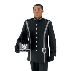 Custom black with grey detailing marching band uniform. Front view with black shako with silver accessories, and black gloves and pants