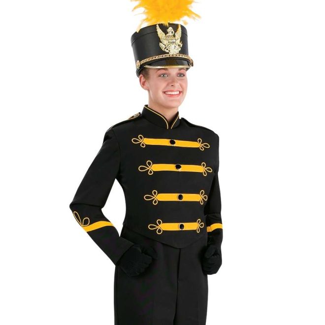 Custom black with yellow detailing marching band uniform. Front view with black shako with gold accessories and yellow feather, black pants and gloves