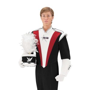 Custom black, red and white marching band uniform. Front view with white shako with black band, white gloves and gauntlets, and black pants