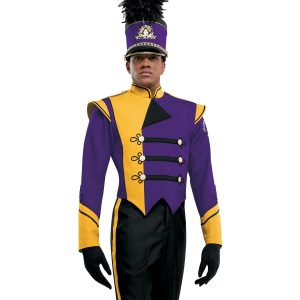 Custom purple and yellow with black detailing marching band uniform. Front view with matching shako and black pants and gloves