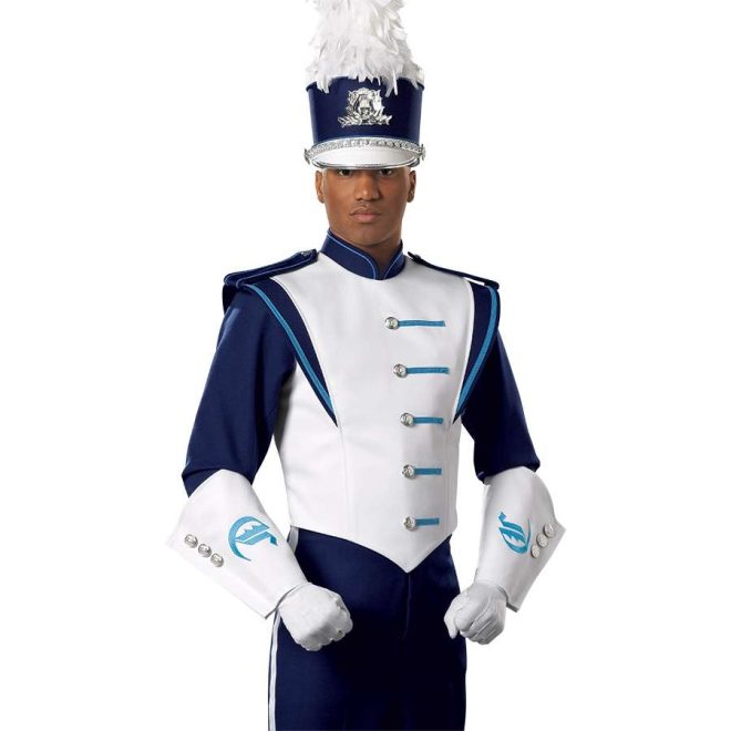 Custom white and navy with light blue detailing marching band uniform. Front view with white and navy shako with silver accessories, white with light blue detailing gauntlets, navy pants, and white gloves