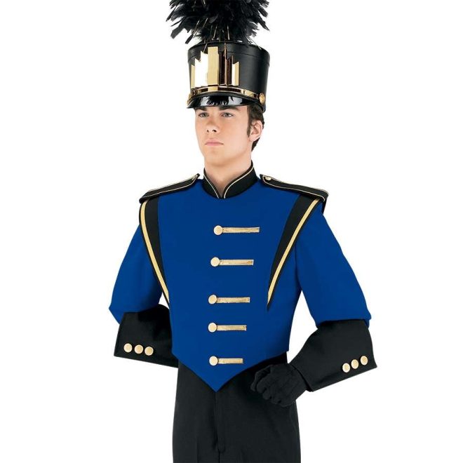 Custom royal with black and gold detailing marching band uniform. Front view with black shako with gold accessories, black gloves and pants, and black gauntlets with gold buttons