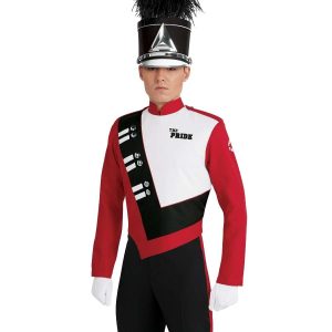 Custom black, red, and white marching band uniform. Front view with black shako with silver accessories, white gloves and gauntlets, and black pants