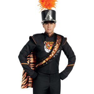 Custom black with orange trim and tiger on chest marching band uniform. Front view with sequin black and orange sash, black gloves and pants, black shako with silver accessories and orange plume, and black cape with orange and black tiger print underneath