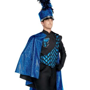 Custom black with royal and black scales marching band uniform. Front view with royal sparkly cape, royal sparkly shako, black gauntlets, gloves, and pants