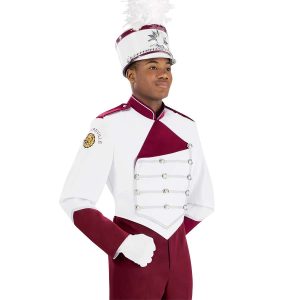 Custom white with maroon detailing marching band uniform. Front view with matching shako, white gloves, and maroon pants