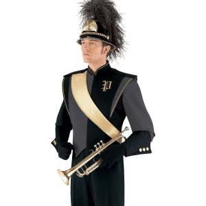 Custom grey and black with gold detailing marching band uniform. Front view with black helmet with gold accessories, black gloves, gauntlets, and pants holding instrument