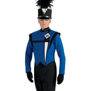 Custom royal with black and white detailing marching band uniform. Front view with black shako with silver accessories, black gloves and pants