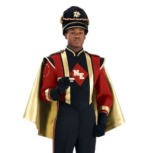 Custom black and red with gold detailing marching band uniform. Front view with matching busby hat, black gloves and pants, and gold cape holding drumsticks