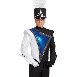 Custom black and white with royal panel outlined in silver sequin marching band uniform long sleeve. Front view with black shako with silver accessories, black pants, one white gauntlet and glove and one black gauntlet and glove