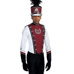 Custom white and maroon with black detailing long sleeve marching band uniform. Front view with matching shako, black gloves, and black pants