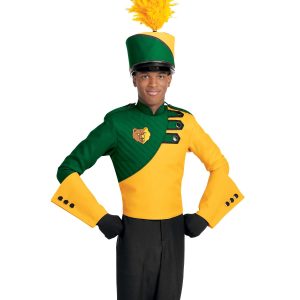 Custom green and yellow with black trim marching band uniform. Front view with matching shako, yellow gauntlets, and black gloves and pants