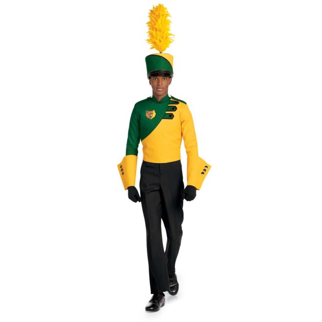 Custom green and yellow with black trim marching band uniform. Front view with matching shako, yellow gauntlets, and black gloves and pants