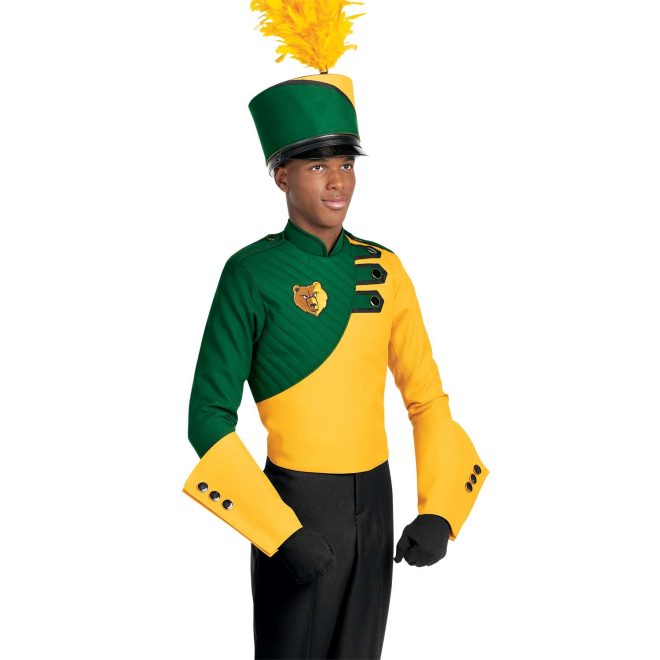 Custom green and yellow with black trim marching band uniform. Front view with matching shako, yellow gauntlets, and black gloves and pants